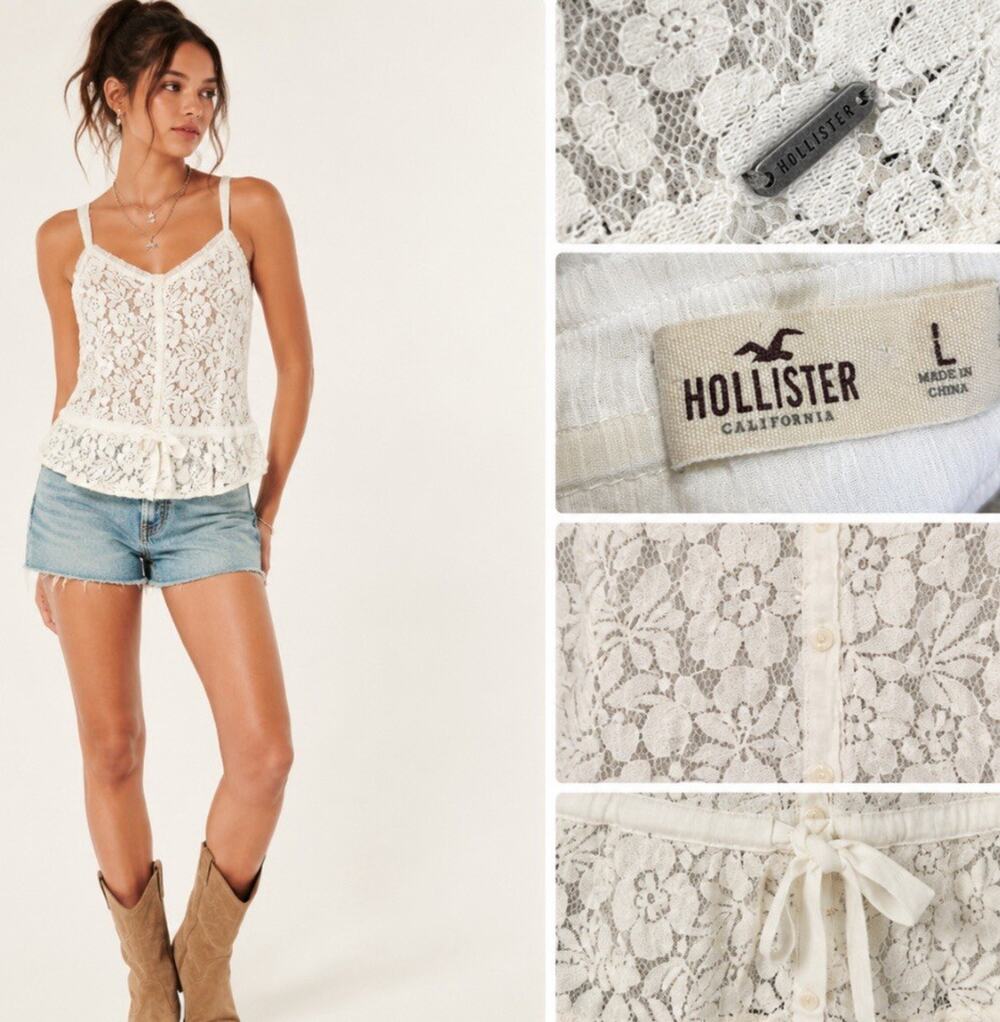 Boho Hollister Lace Corset Cami Top Size L Ivory Button Front Y2K Indie Sleaze